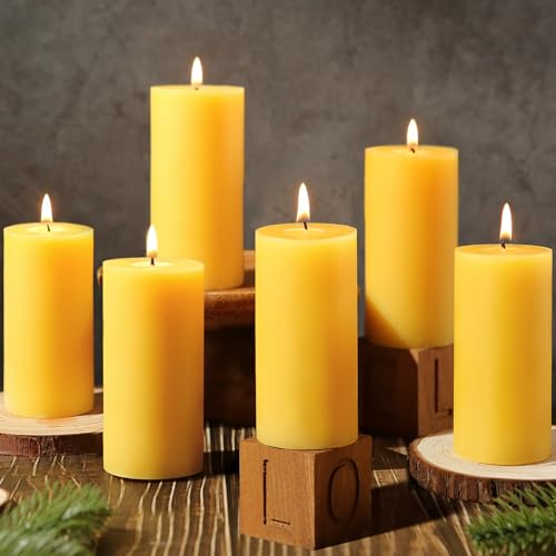 Yellow Beeswax Pillar Candles 2x4 Inch - Non-Toxic, 6 Pack, Long Burn