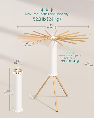 SONGMICS Foldable Clothes Drying Rack with 16 Beech Wood Arms - Rotary Tripod, Space-Saving