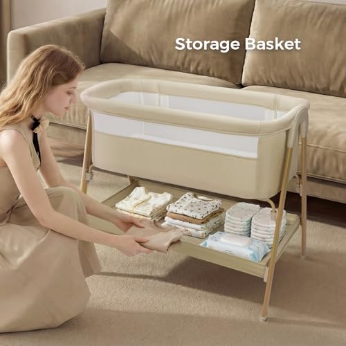 Baby Bassinet Bedside Sleeper Khaki 2-in-1 Crib with Mattress & Mesh Design