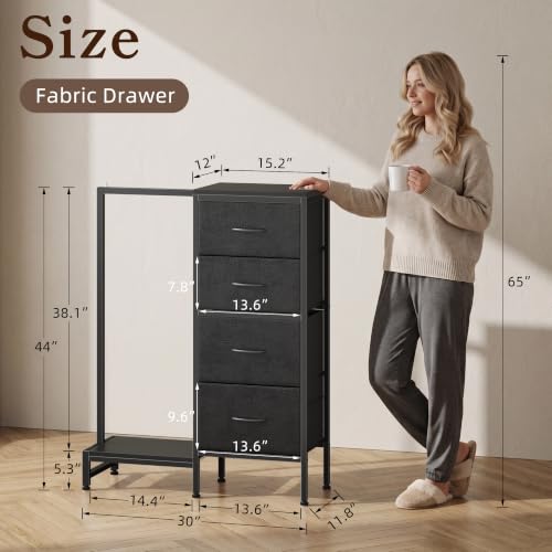Tall Dresser with Hanging Rack and 4 Drawers - Reversible Black Storage Tower 44"H