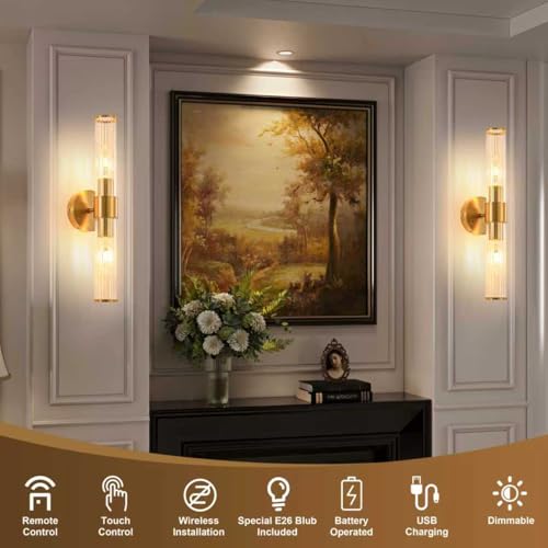 Gold Battery Operated Wall Sconces Set of Two Dimmable Rechargeable Lighting with Remote