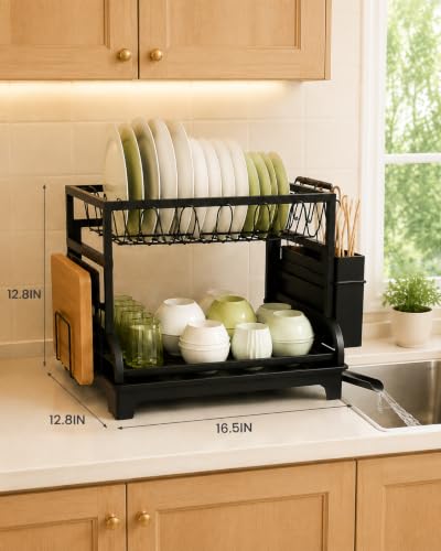 Foldable 2-Tier Dish Drying Rack with Drainboard - Black Kitchen Organizer