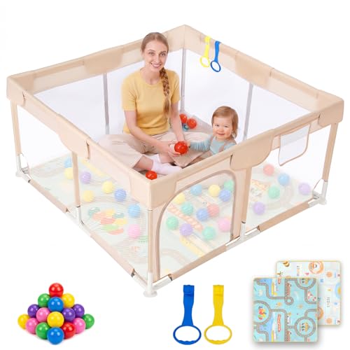 Dripex Baby Playpen with Non-Slip Mat, 47x47 Inches, Cream - Safe & Easy to Install