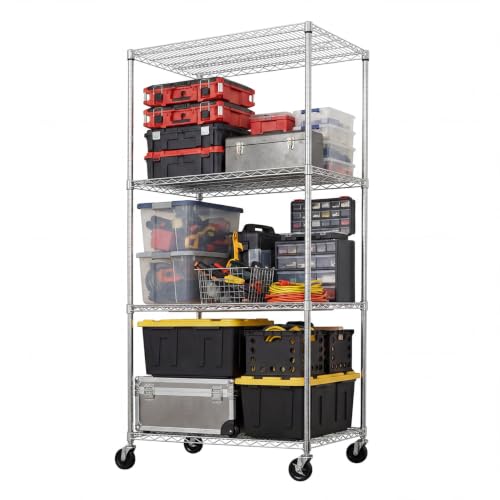 Heavy Duty Wire Shelving Unit - 36x24x72 Inches with Wheels - Silver, 4 Tiers