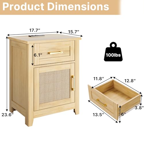Decofy Set of 2 Rattan Nightstands with Charging Station, Drawer & Cabinet