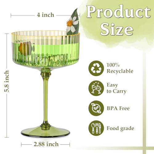 Sage Green 24-Pack Gold Rim Plastic Coupe Glasses 10oz - Vintage Cocktail Set