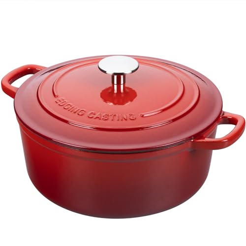 7 Quart Enamel Cast Iron Dutch Oven Pot with Lid - Red, Round, Oven Safe 500°F, Dual Handles