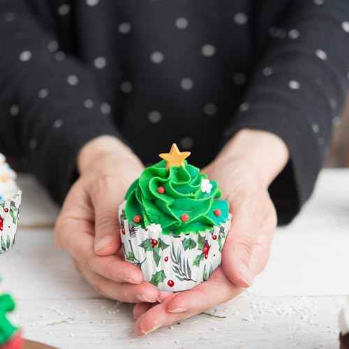 Whaline 300Pcs Christmas Cupcake Liners Holly Print Baking Cups Holders Watercolor Holly Jolly Cupcake Wrappers Red Green Berry Muffin Liners for Xmas Holiday Birthday Party Supplies