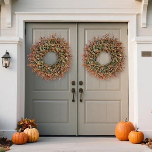26-Inch Large Fake Eucalyptus Fall Wreath for Front Door Decor - Orange & Green - Variation of THIS listing