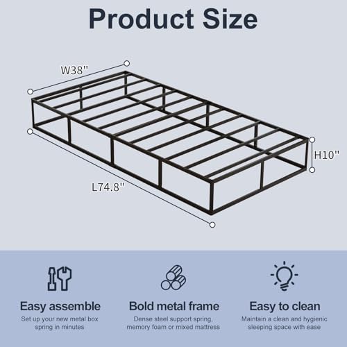 10 Inch Twin Box Spring - Heavy Duty Metal Support Frame with Fabric Cover, Noise-Free, Easy Assembly