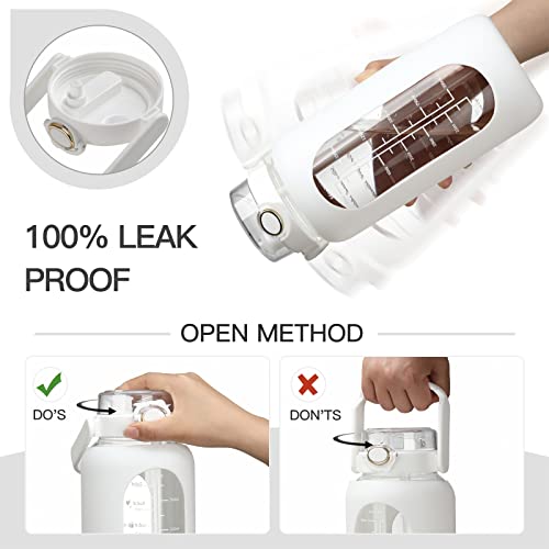 64oz Glass Water Bottle with Straw & Handle - White - Motivational Time Marker