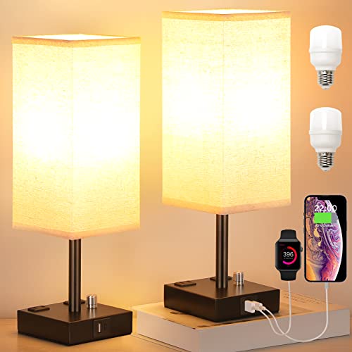 Aooshine Beige 14in Bedside Table Lamps Set of 2 with Dimmable USB-C+A Outlets