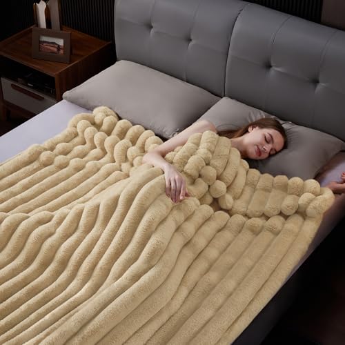 Beige Faux Fur Throw Blanket 80x90 Inches - Thick Plush Warm Cover