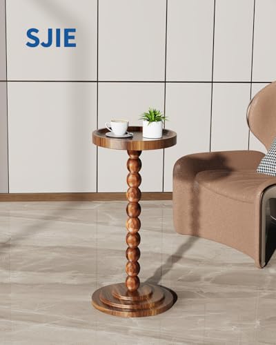 Brown Round Wooden Side Table with Solid Wood Pillars - SJIE