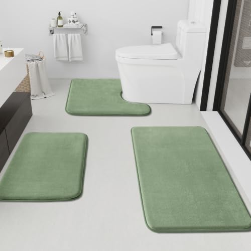 Bathroom Rugs Set 3 Pieces - Non-Slip Ultra Soft Velvet Bath Mat U-Shaped Contour Grey Green 17x24 + 20x24 + 20x32