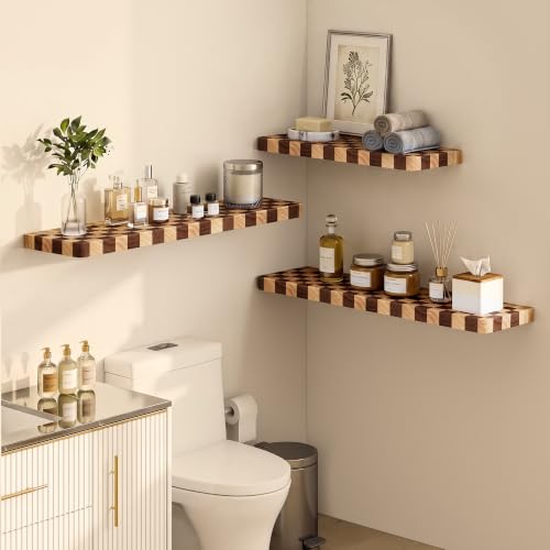 Fyctio 16 Inch Solid Wood Checkered Floating Wall Shelves Set of 2 – Rustic Modern Farmhouse Decor