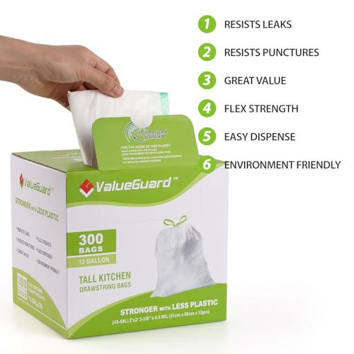 ValueGuard Large Trash Bags 13 Gallon Tall Drawstring 100%