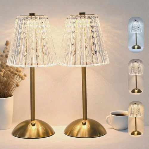 Rechargeable Touch Dimming Table Lamp - Large Gold Crystal Style - 2 Pack