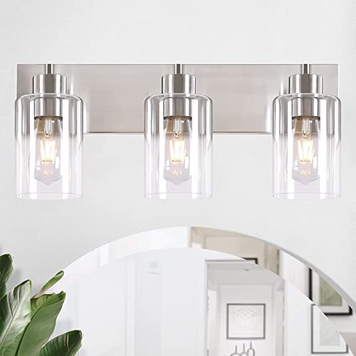Brushed Nickel Bathroom Vanity Lights 3-Light with Clear Glass Shades - Variation of This Listing