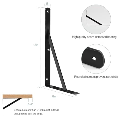 12 Pack Heavy Duty Black Shelf Brackets 12x8 Inches with Screws - Support up to 240lb