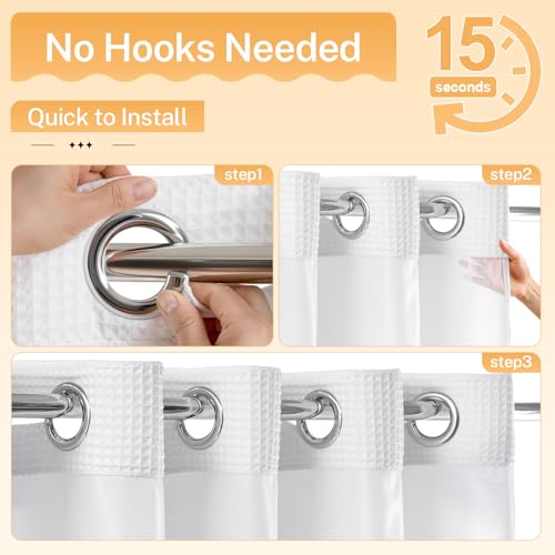 White Cotton Blend Shower Curtain Set with Liner - 71x74 Inches, No Hooks, Water-Repellent