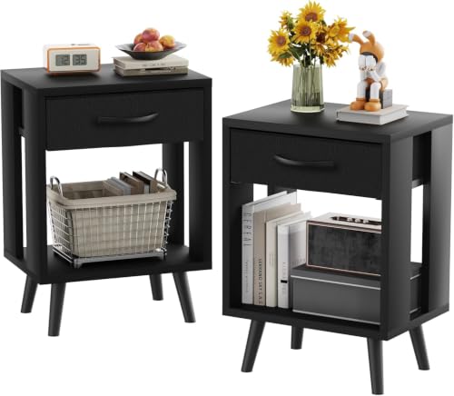 GYIIYUO 24-Inch Nightstands Set of 2 with Fabric Drawers, Black, M (15.7"D x 11.8"W) - Modern Bedroom Storage