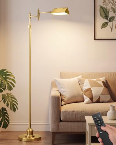 Antique Brass Dimmable Reading Floor Lamp with Remote & Adjustable Brightness