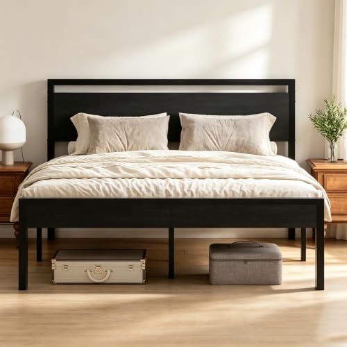 Queen Metal Bed Frame with Wooden Headboard - Black Platform Bed, Heavy Duty Support