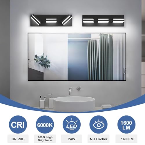 Black 16in JZEKVN Modern 3-Light LED Bathroom Vanity Light Fixtures