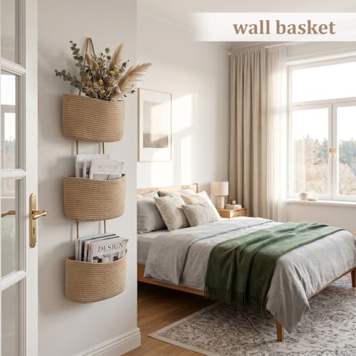 TeoKJ 3-Tier Over-the-Door Woven Jute Storage Basket Wall Organizer