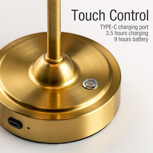 ONEWISH Golden Cordless Rechargeable Table Lamp 4000mAh Touch Dimmable Fabric Shade