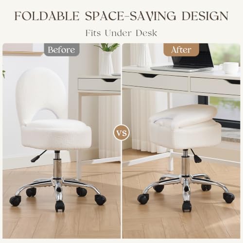 White Foldable Home Office Vanity Chair with Storage & Swivel