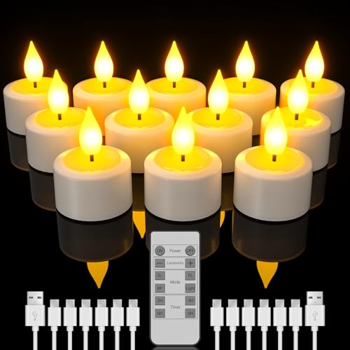 White Rechargeable Flameless Tea Lights with Remote 12pcs - USB & Timer