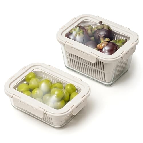 Beige Glass Produce Storage Containers with Removable Colanders and Silicone Lids - 2-Set