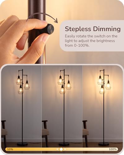 EDISHINE 70-Inch Industrial Floor Lamp with Dimmable 3 LED Bulbs - Brown