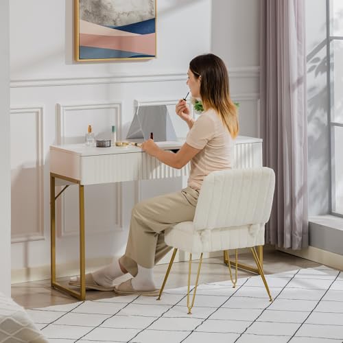 Manyday Beige Vanity Chair with Storage & Foldable Back - Soft Faux Fur Ottoman
