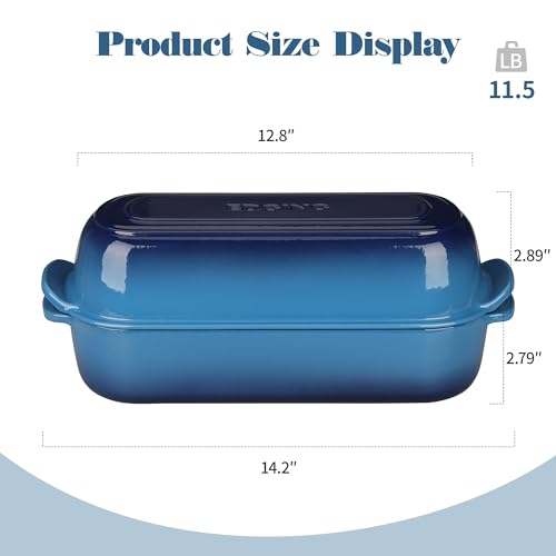 Enamel Cast Iron Loaf Pan with Lid - 12.5x5.5 inch, 5QT, Lake Blue