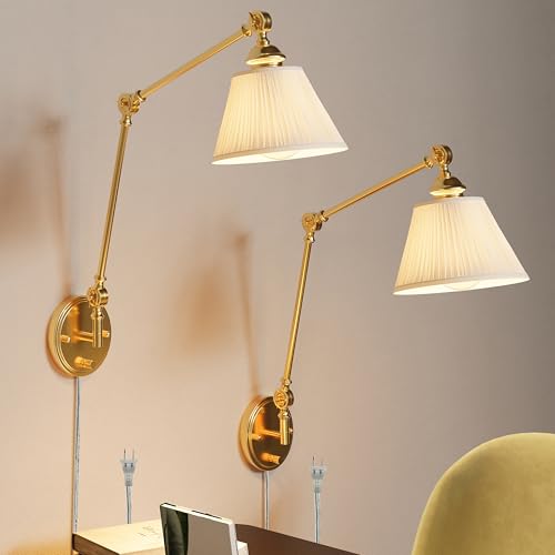 Gold Swing Arm Wall Sconce Set of 2 with Fabric Shades, Plug-in & Hardwired, Adjustable Reading Lights for Bedroom & Living Room - Beige Shade