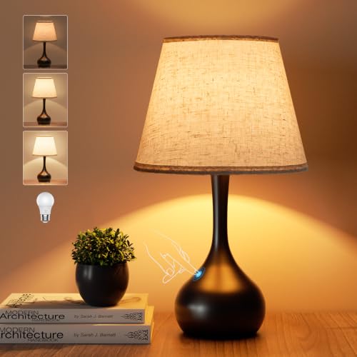 Touch Bedside Lamp Farmhouse 3-Way Dimmable Table Lamp with Linen Shade - Beige & Black, 17.3"