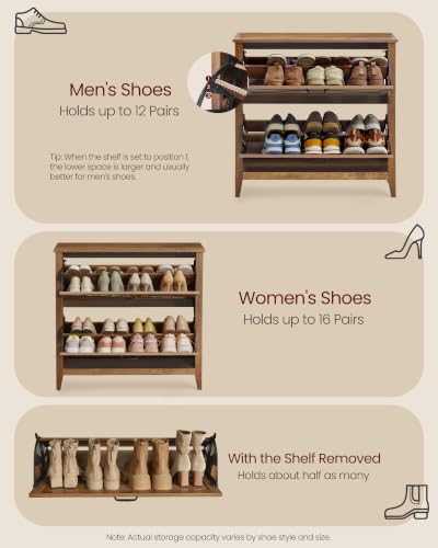 VASAGLE Farmhouse Shoe Cabinet with 2 Flip Drawers, Narrow Storage, Honey Brown, 9.4"D x 34.3"W x 34.6"H