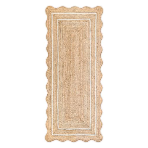 Off White 2x6 Jute Scalloped Boho Rug - Handmade Natural Fiber Runner