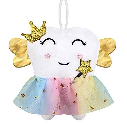 Cute Tooth Fairy Pillow with Wings and Colorful Skirt Tooth Fairy Doll with Pocket on Back Toothfairy Keepsake Gift for Girl and Boys