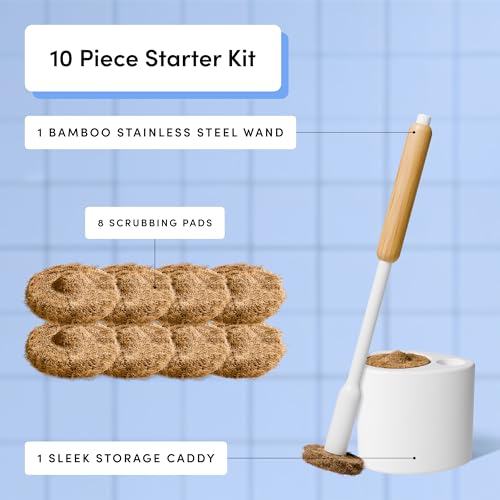 Toilet Brush Set with Holder & Coconut Husk Scrubbing Pads - Starter Kit