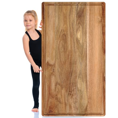 Teenyyou Natural 32.3" x 18.1" Large Acacia Wood Cutting Board with Juice Groove - Extra Large Serving and Carving Tray