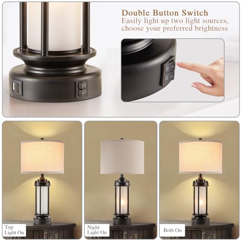 2 Pack Modern Bedside Table Lamps with USB Charging Ports - Black & White