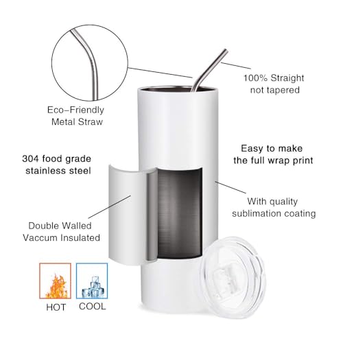 PYD Life 10 Pack 20 OZ Sublimation Skinny Tumblers with Slide Lid & Straw