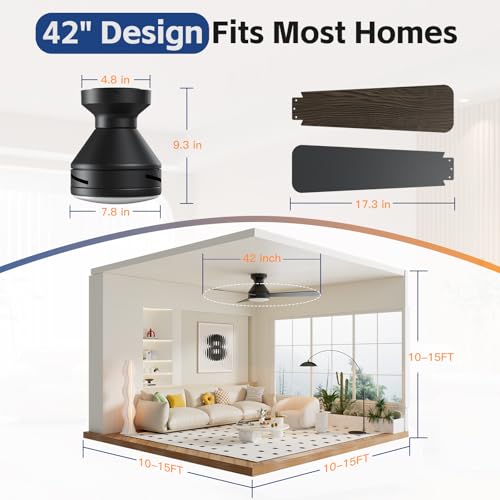 42 Inch Ceiling Fan with Lights and Remote - Black, 3 CCT, 6 Speed, Flush Mount