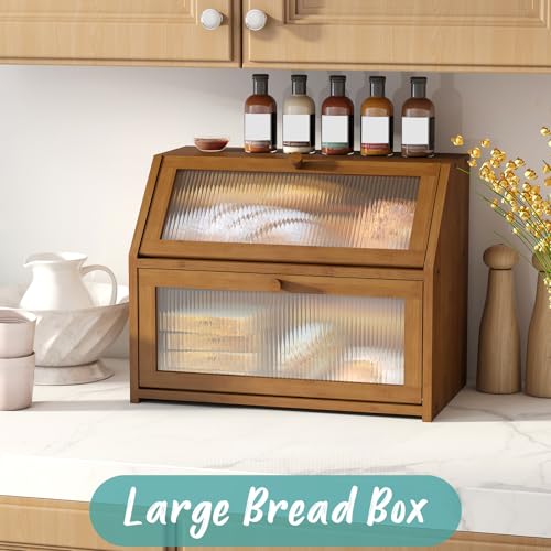 Large Brown Bamboo Double Layer Bread Box for Kitchen Counter - Vriccc