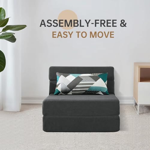 Dark Gray Folding Sofa Bed Single Size with Pillow - Convertible Floor Couch & Sleeper Chair