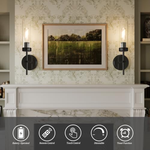Black Battery Operated Wall Sconce Set of 2 with Remote, 3000K, 16 Inch – Seasonize
